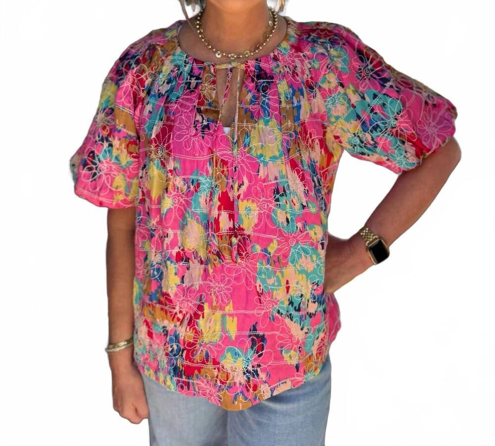 NEW JADE floral breeze pleated puff sleeve top in pink